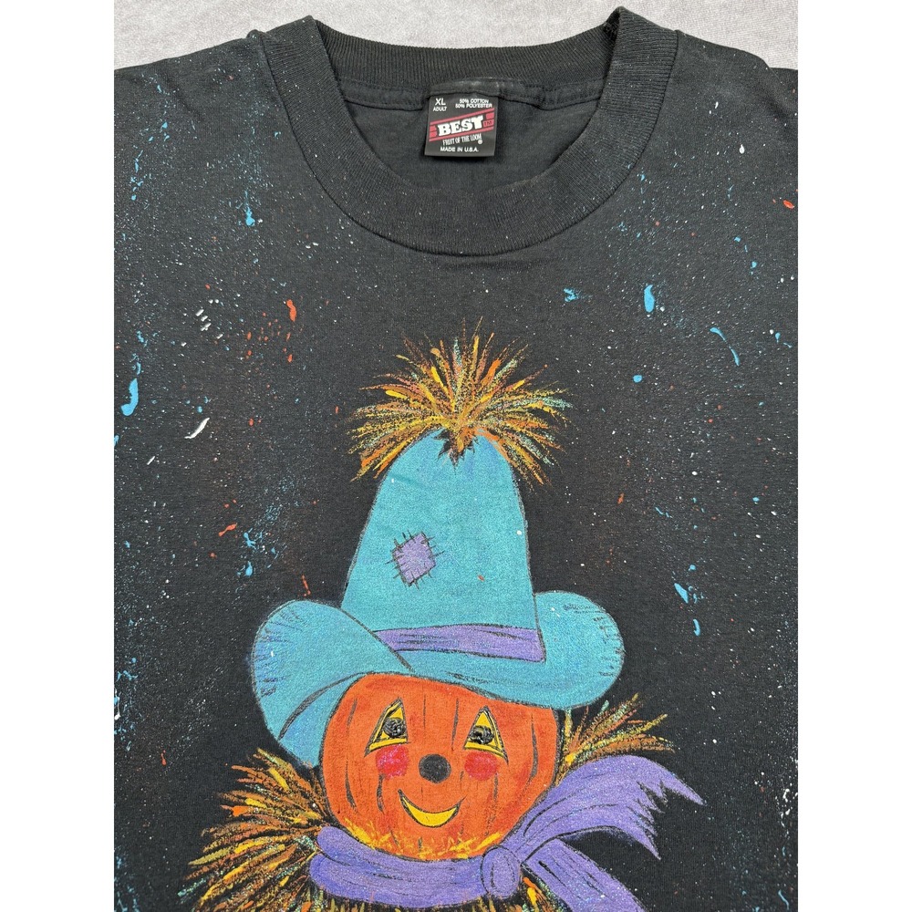 Vintage Pumpkin Scarecrow Shirt Mens XL Black Glitter Halloween Art 90s USA Tee - Picture 6 of 16